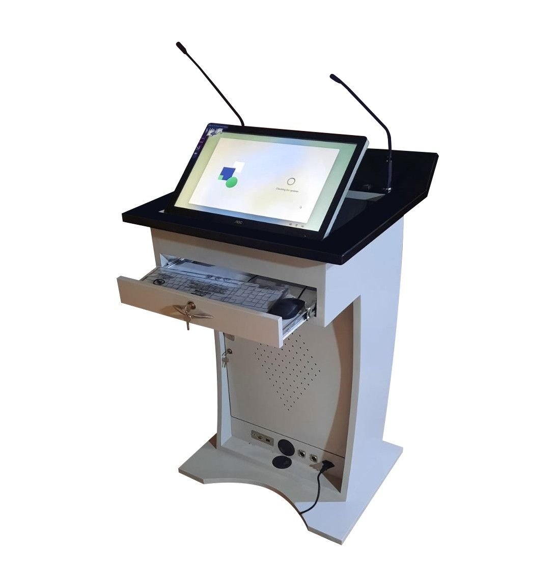 Digital Display Podium Stand (SIL-521) with Inbuilt 21.5" Multi touch screen monitor with Motorized tilting facility, CPU, 32" Commercial Digital signage monitor on front side AV Connectivity, 2 Gooseneck Microphones Supporting Cables and connectors.