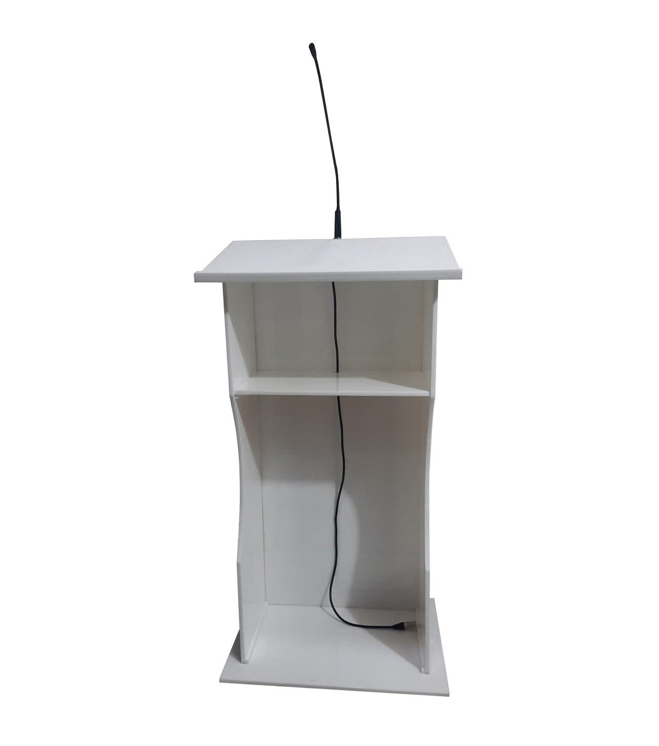 Milky White Acrylic Podium Stand with Gooseneck Microphone and 2 shelves for storage (SP-103)