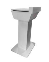 side view of Stylish White Laminated Digital Wooden Podium with sliding top