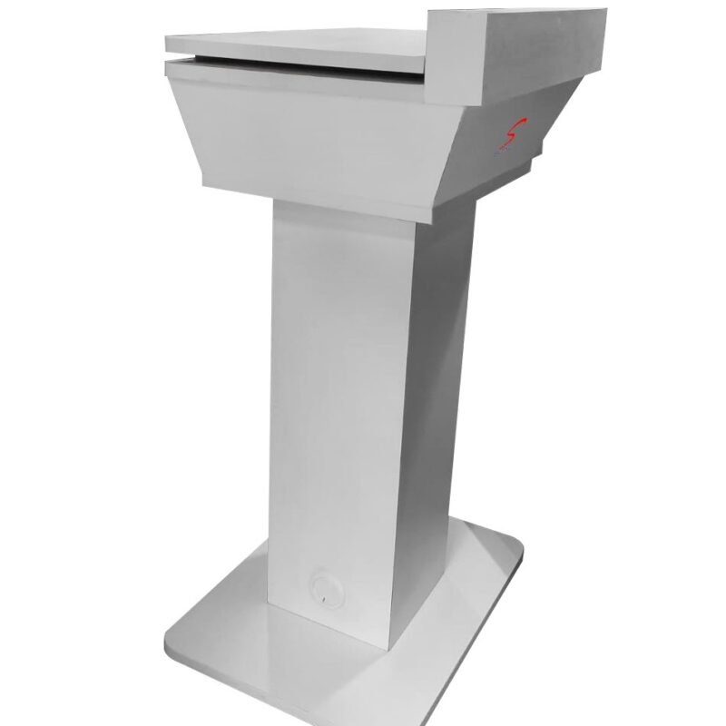 side view of Stylish White Laminated Digital Wooden Podium with sliding top